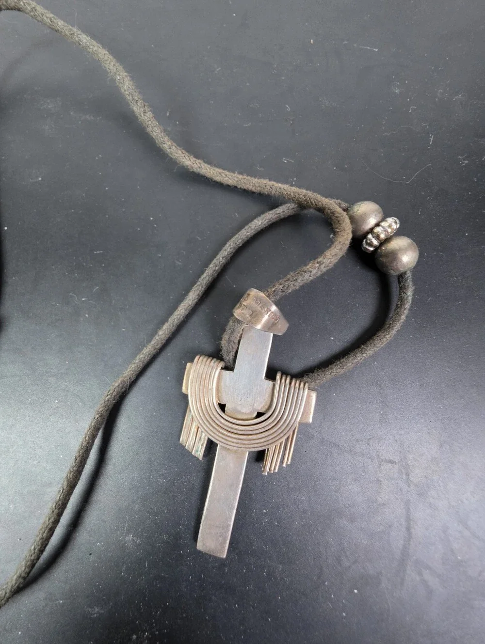 Vintage Sterling Silver Jesus Crucifix On Leather Cord